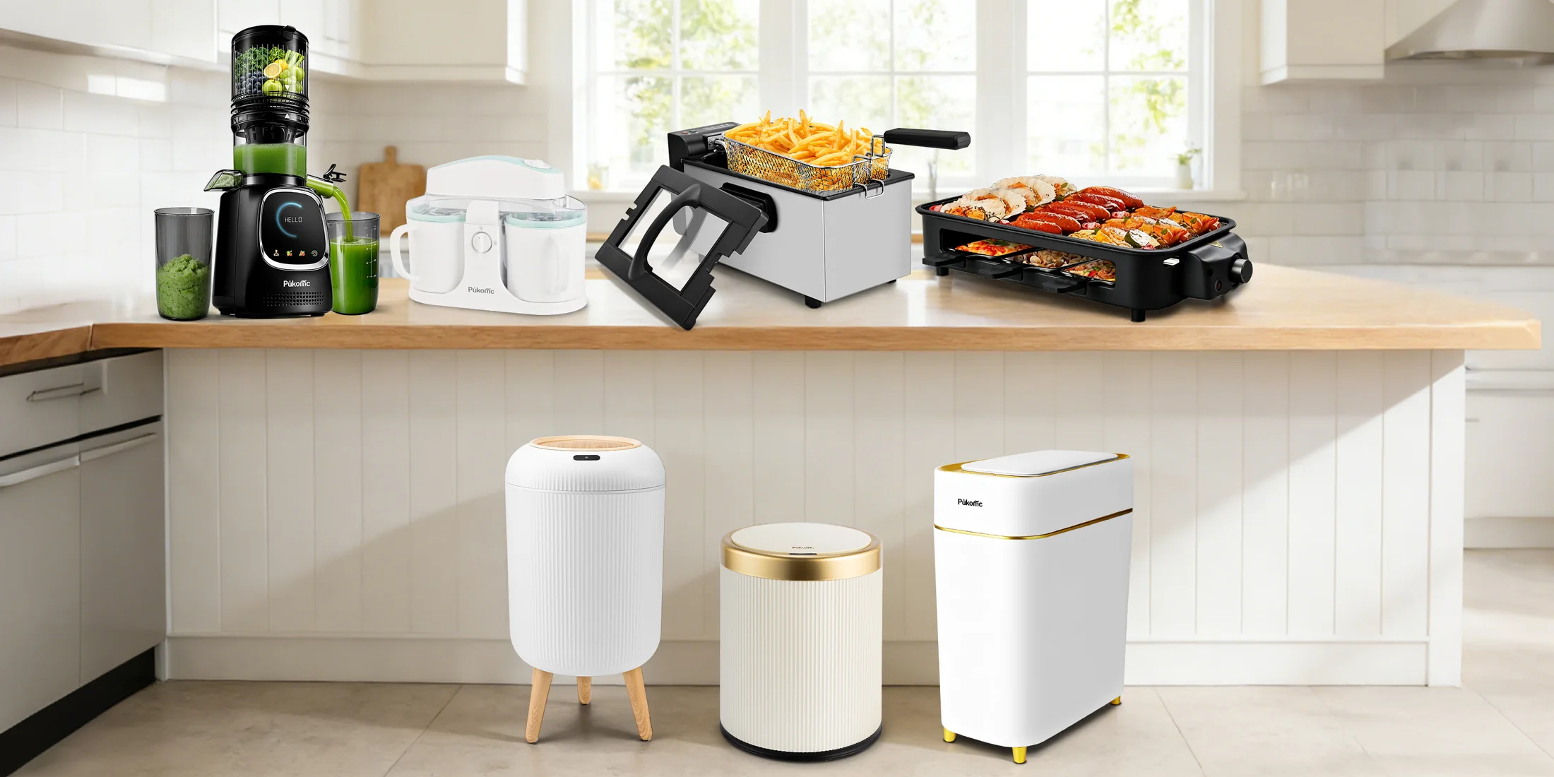 The Pukomc range on a kitchen counter: grills, a fryer, a juicer and three sensor bins
